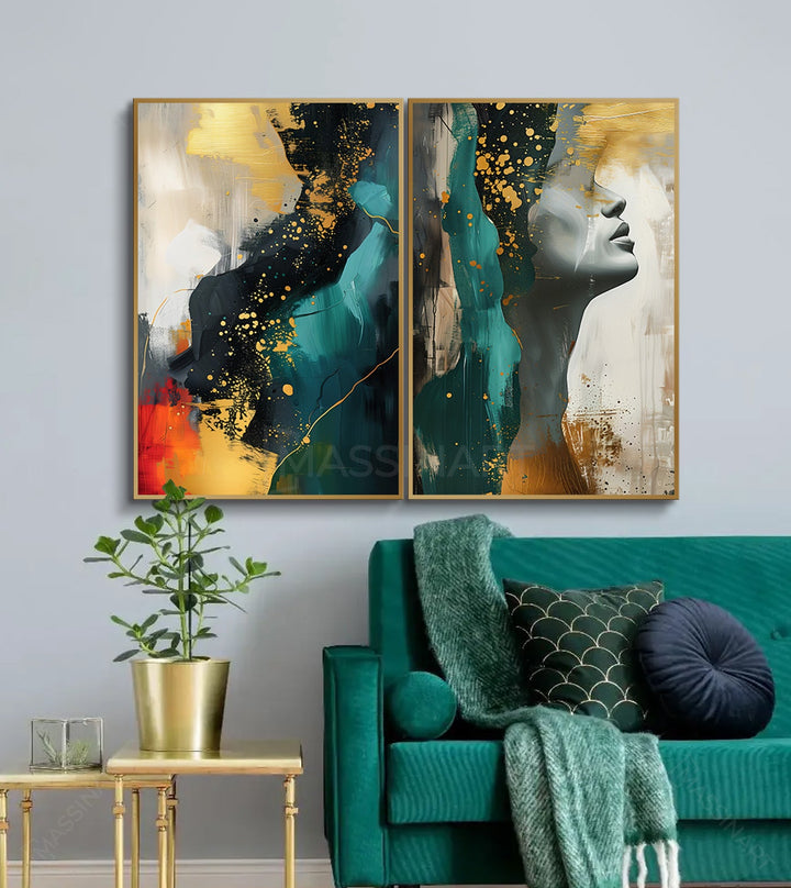 Cuadro Ego díptico retrato abstracto femenino, tonos dorados y turquesa — Massinart