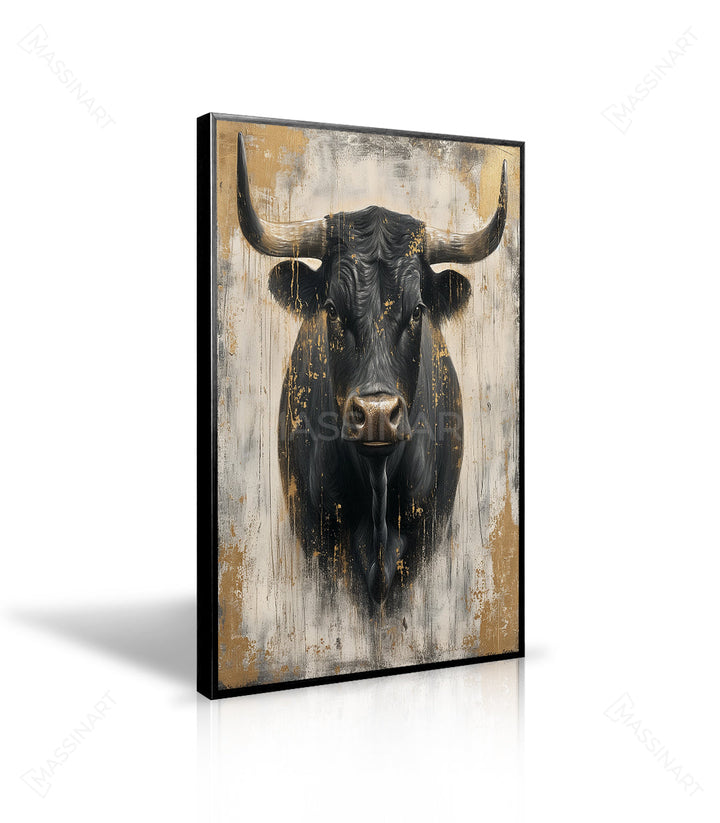 Detalle de textura del cuadro toro negro con cuernos dorados — Massinart