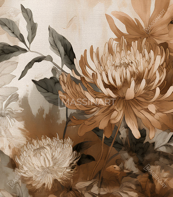 Cuadro Flourish colores — flores botánicas protea en tonos marrón beige y taupe claro, Massinart