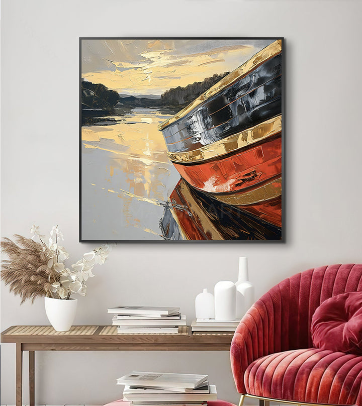 Cuadro velero paisaje marino atardecer tonos dorados y grises estilo expresionista Massinart