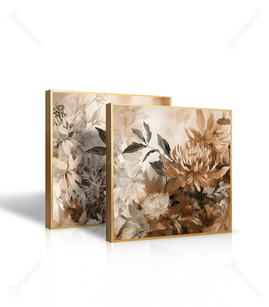 Ambientación Flourish — cuadro floral sobre cabecero de cama, decoración interior dormitorio Massinart