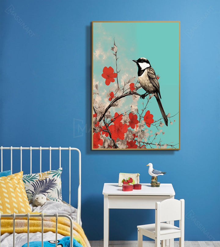 Cuadro Flying High pájaro sobre rama con flores rojas fondo turquesa Massinart