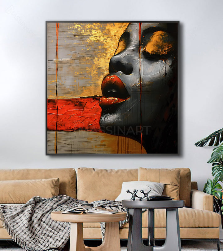 Cuadro Feeling — retrato de mujer africana abstracto expresionista en tonos dorado, negro y naranja, Massinart