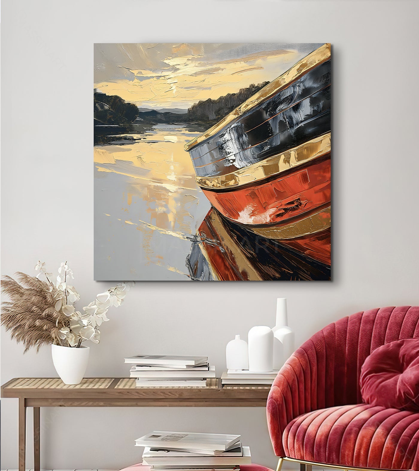 Decoración interior salón con cuadro velero atardecer marino Massinart