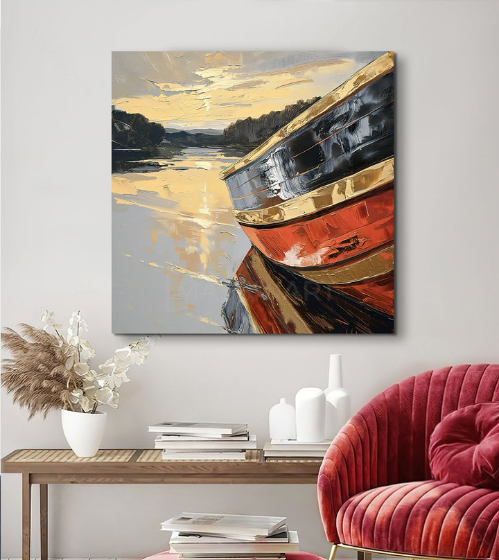 Decoración interior salón con cuadro velero atardecer marino Massinart