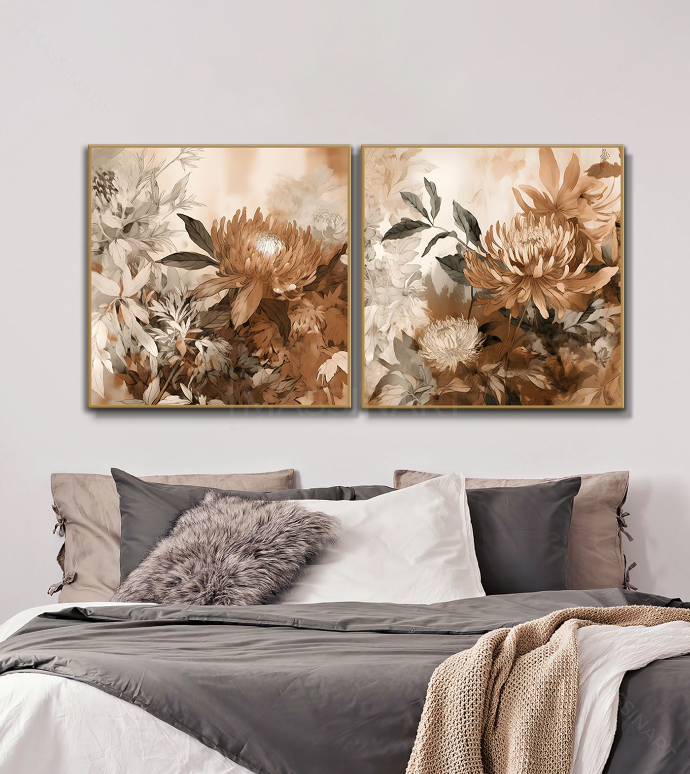Cuadro Flourish — flores protea en tonos beige y marrón sobre fondo claro, estilo botánico vintage, Massinart