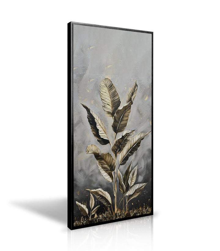Simulación decoración pared blanca con cuadro botánico minimalista dorado