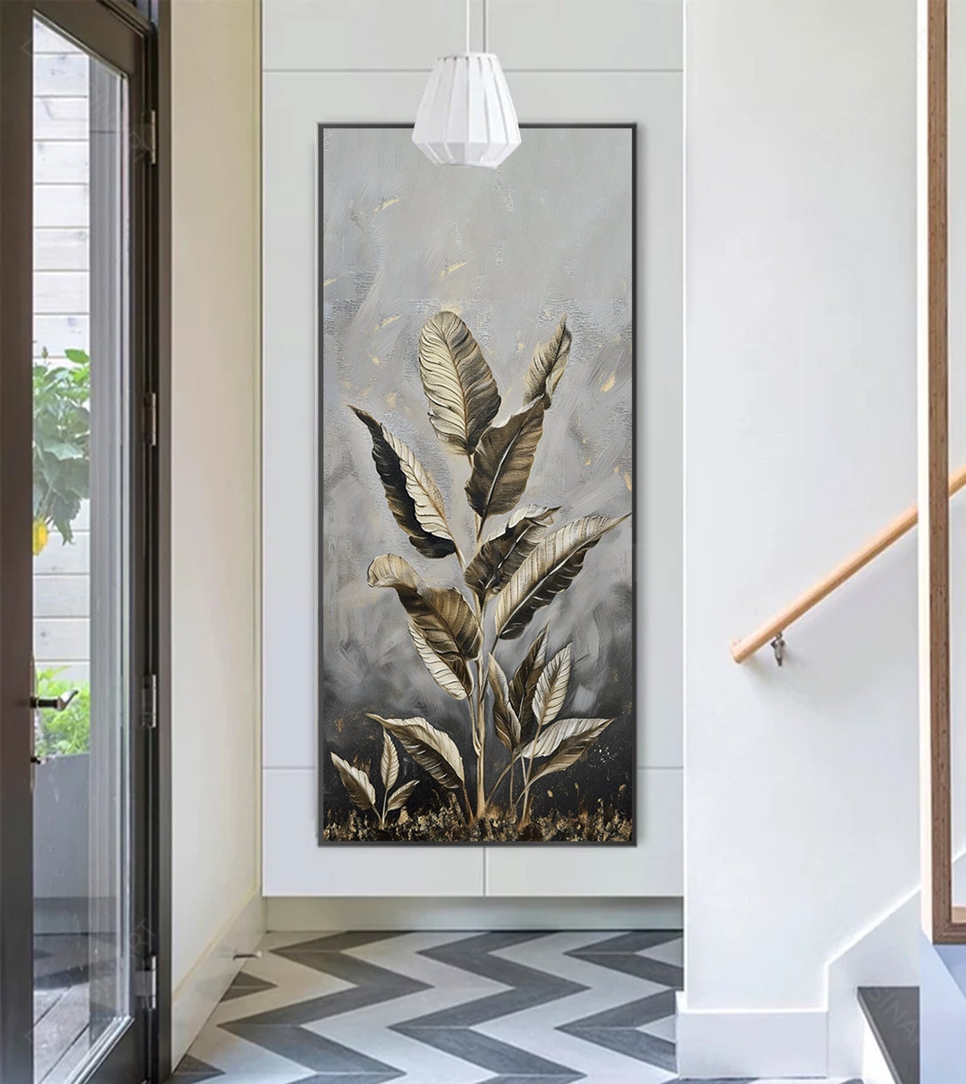 Cuadro botánico dorado en pasillo moderno de decoración minimalista