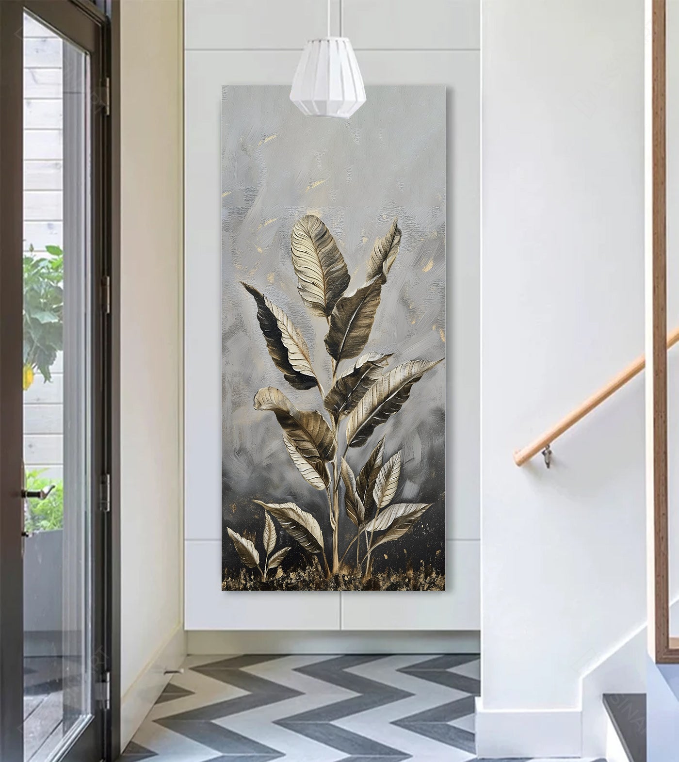 Decoración salón contemporáneo con cuadro de planta abstracta en tonos dorados y grises