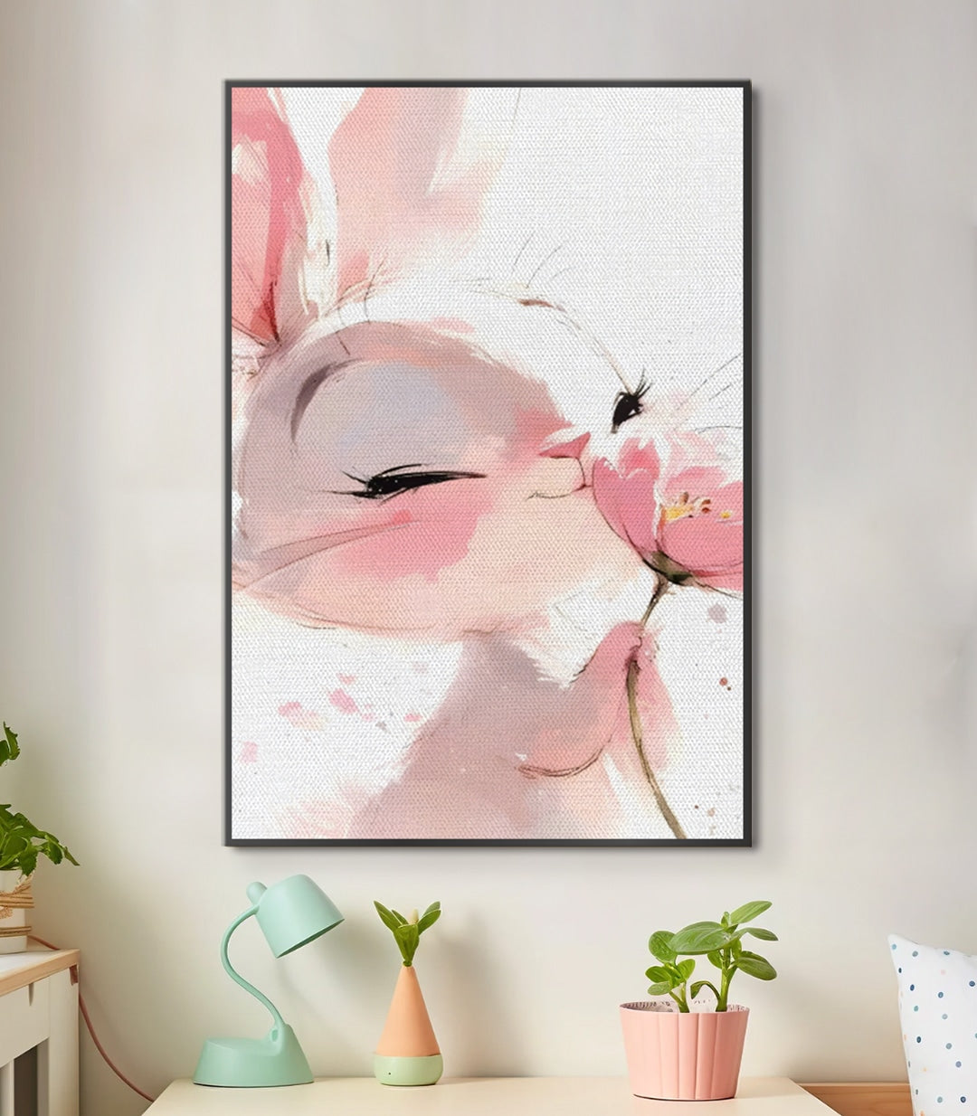 Cuadro conejo rosa en acuarela con flores, estilo minimalista — Massinart