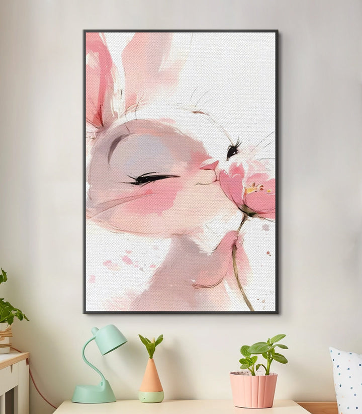 Cuadro conejo rosa en acuarela con flores, estilo minimalista — Massinart