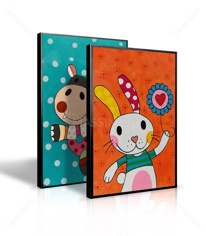 Detalle cuadro Happy — conejo blanco con flor rosa sobre fondo naranja, estilo pop-art, Massinart