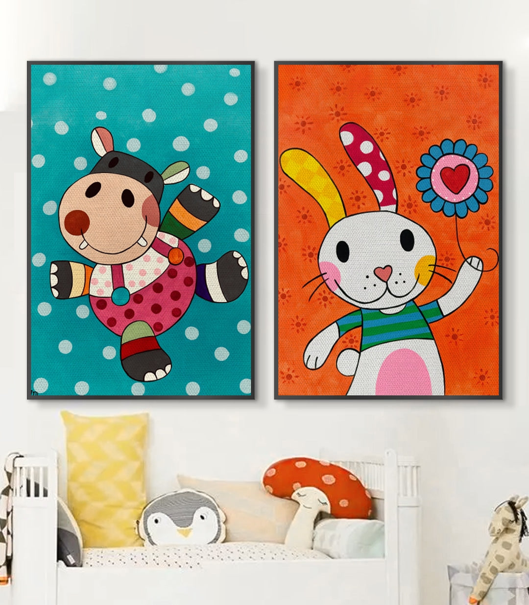 Cuadro Happy díptico — vaca sonriente sobre fondo turquesa con lunares y conejo alegre sobre fondo naranja, estilo pop-art, Massinart