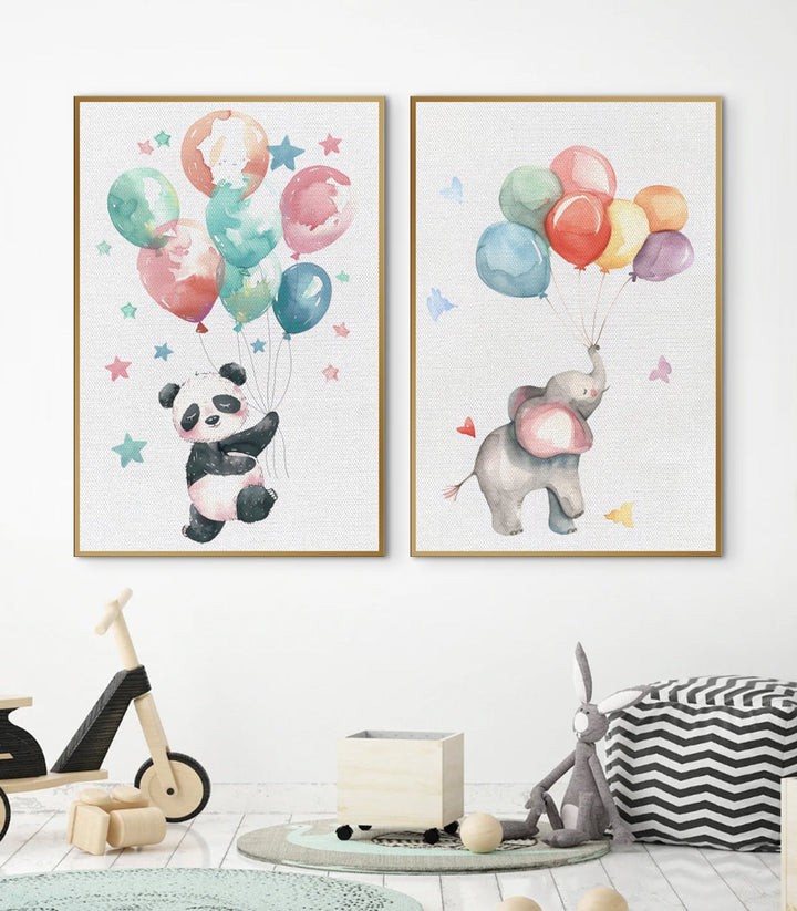 Díptico globos animales en habitación infantil moderna — cuadros decorativos panda y elefante Massinart