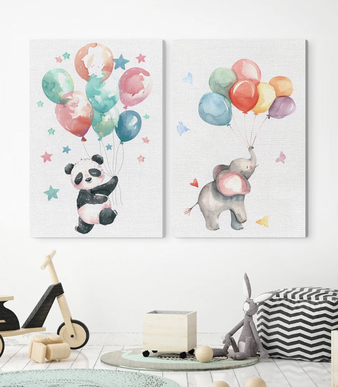 Decoración mural habitación infantil con cuadros de panda y elefante en acuarela, Massinart