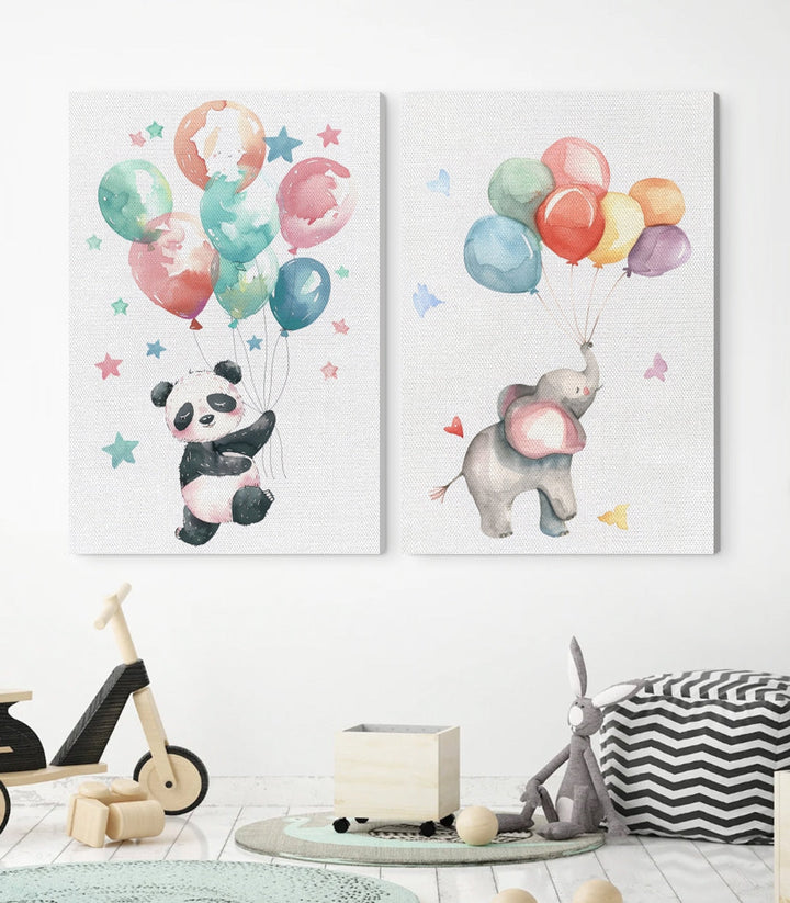 Decoración mural habitación infantil con cuadros de panda y elefante en acuarela, Massinart