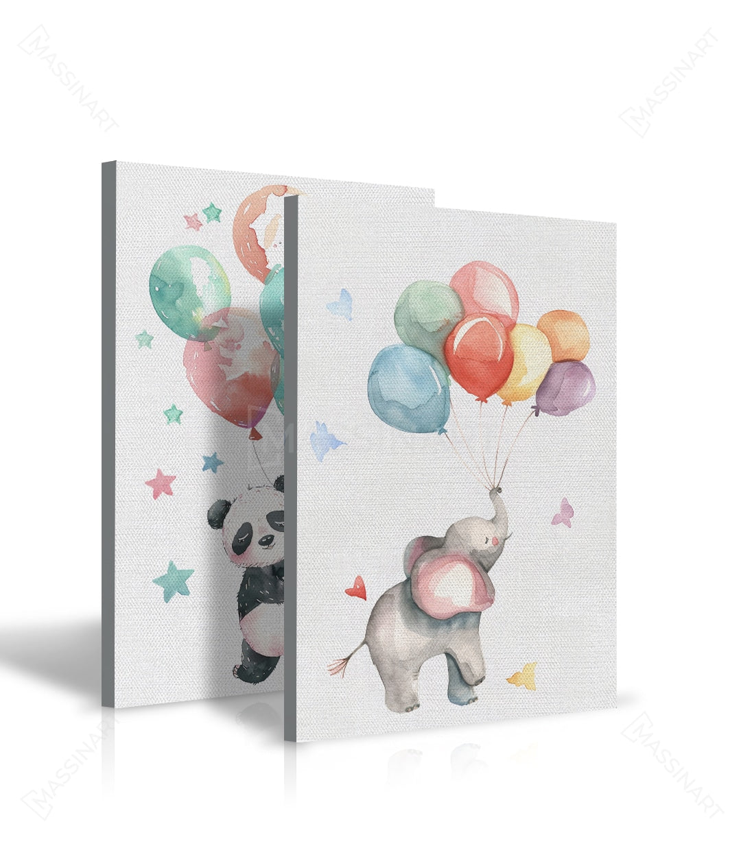 Díptico cuadros infantiles globos — ambiente habitación con lienzos animales Massinart