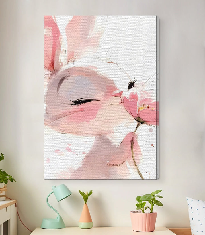 Cuadro conejo floral rosa empolvado, arte mural decorativo — Massinart