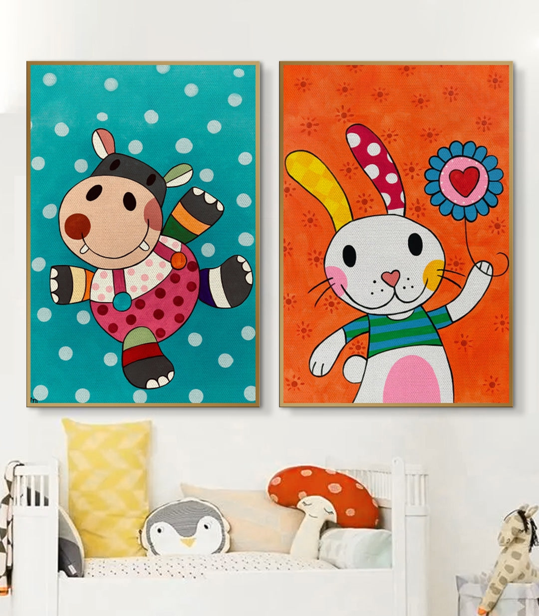 Detalle cuadro Happy — vaca multicolor con motivos geométricos, arte pop infantil, Massinart