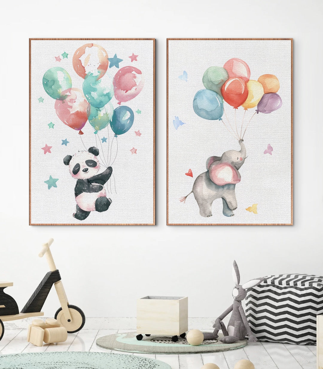 Cuadro infantil elefante con globos en acuarela — elefante gris sosteniendo globos de colores, arte mural infantil