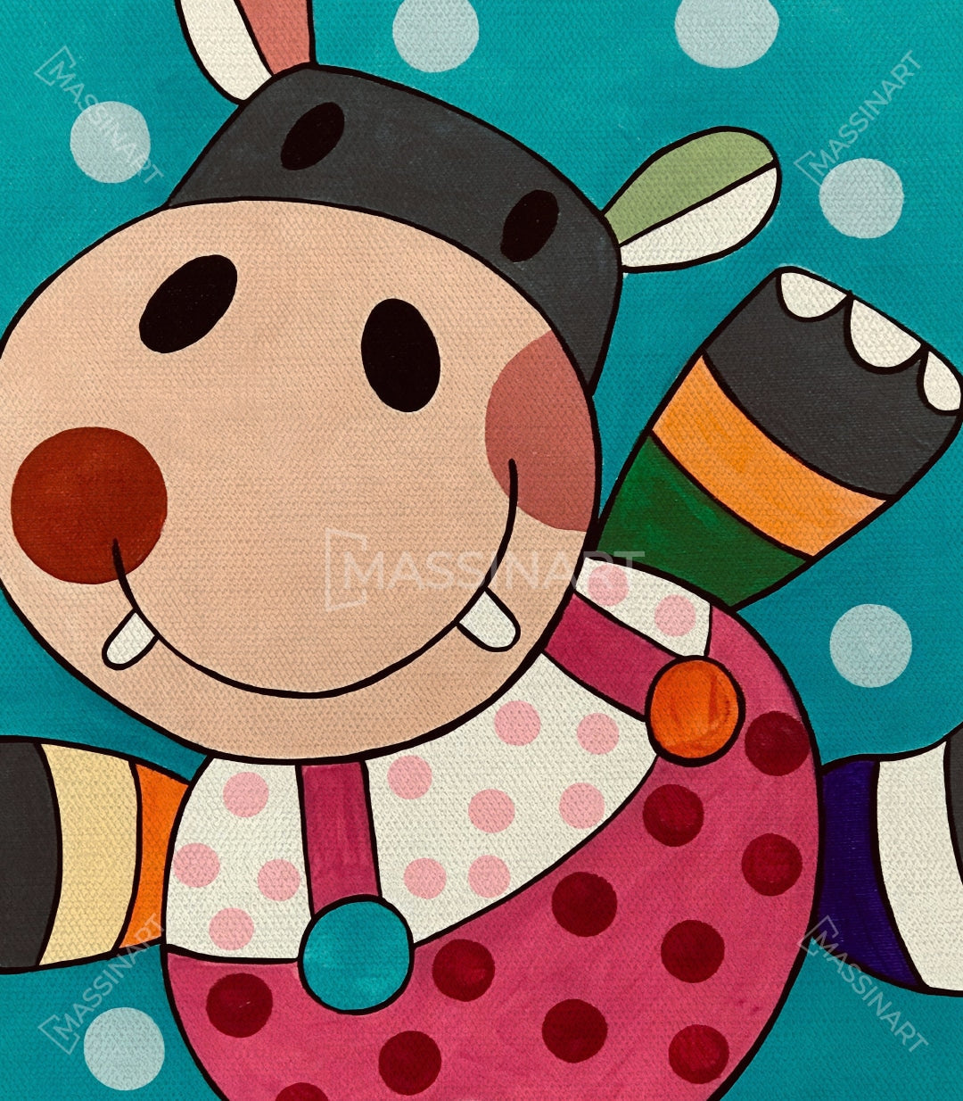 Cuadro Happy dúo enmarcado — vaca y conejo animales sonrientes, lienzo pop-art, Massinart