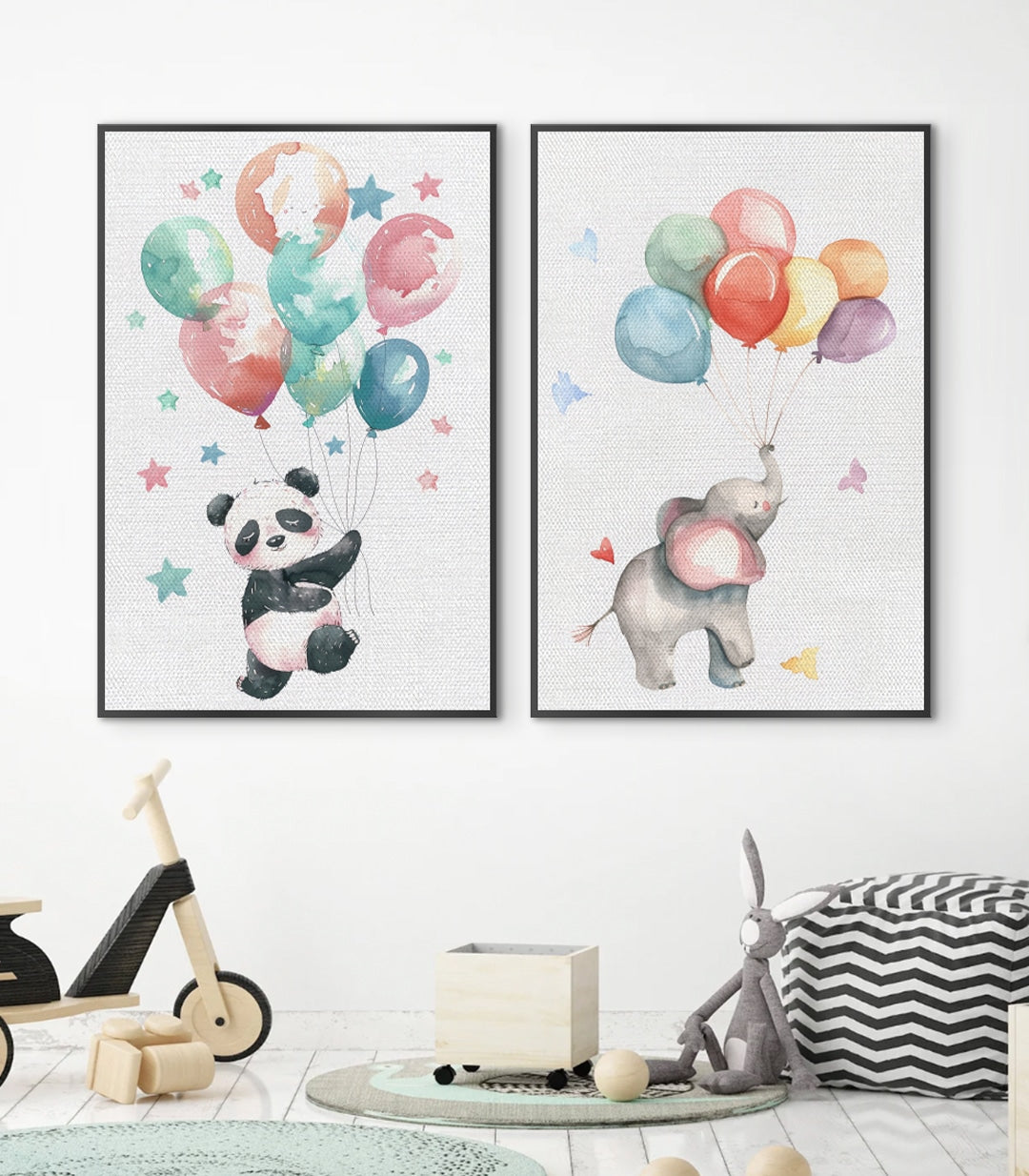 Cuadro infantil panda con globos en acuarela — panda negro entre globos multicolores y estrellas, decoración habitación niño