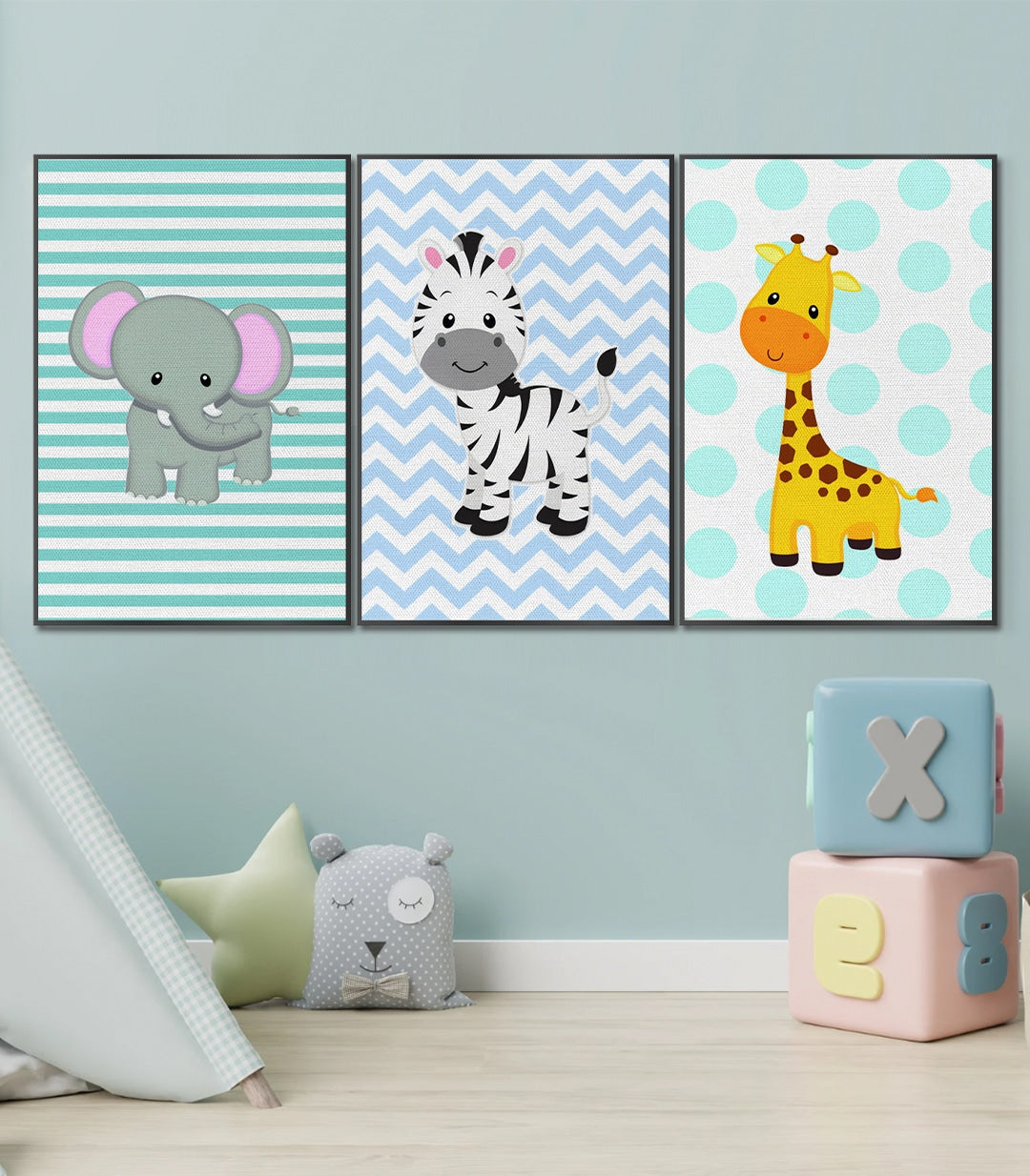 Cuadro decorativo elefante gris y rosa sobre fondo rayado turquesa — Massinart