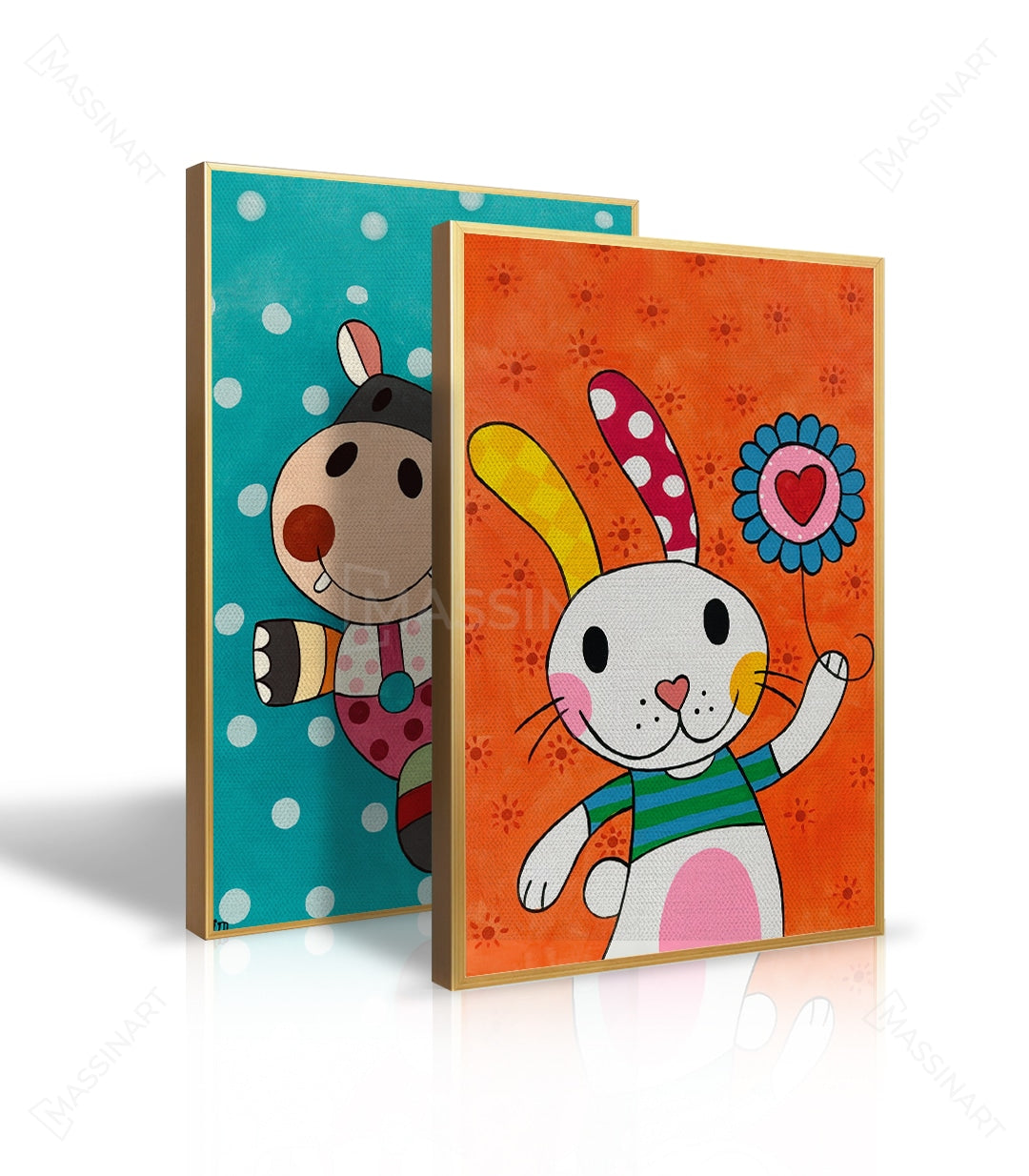 Cuadro Happy díptico colores vibrantes — vaca y conejo pop-art, decoración infantil, Massinart