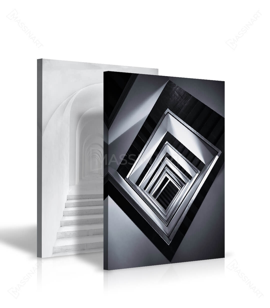 Ambientación salón moderno — díptico Ascension sobre sofá gris, decoración minimalista Massinart
