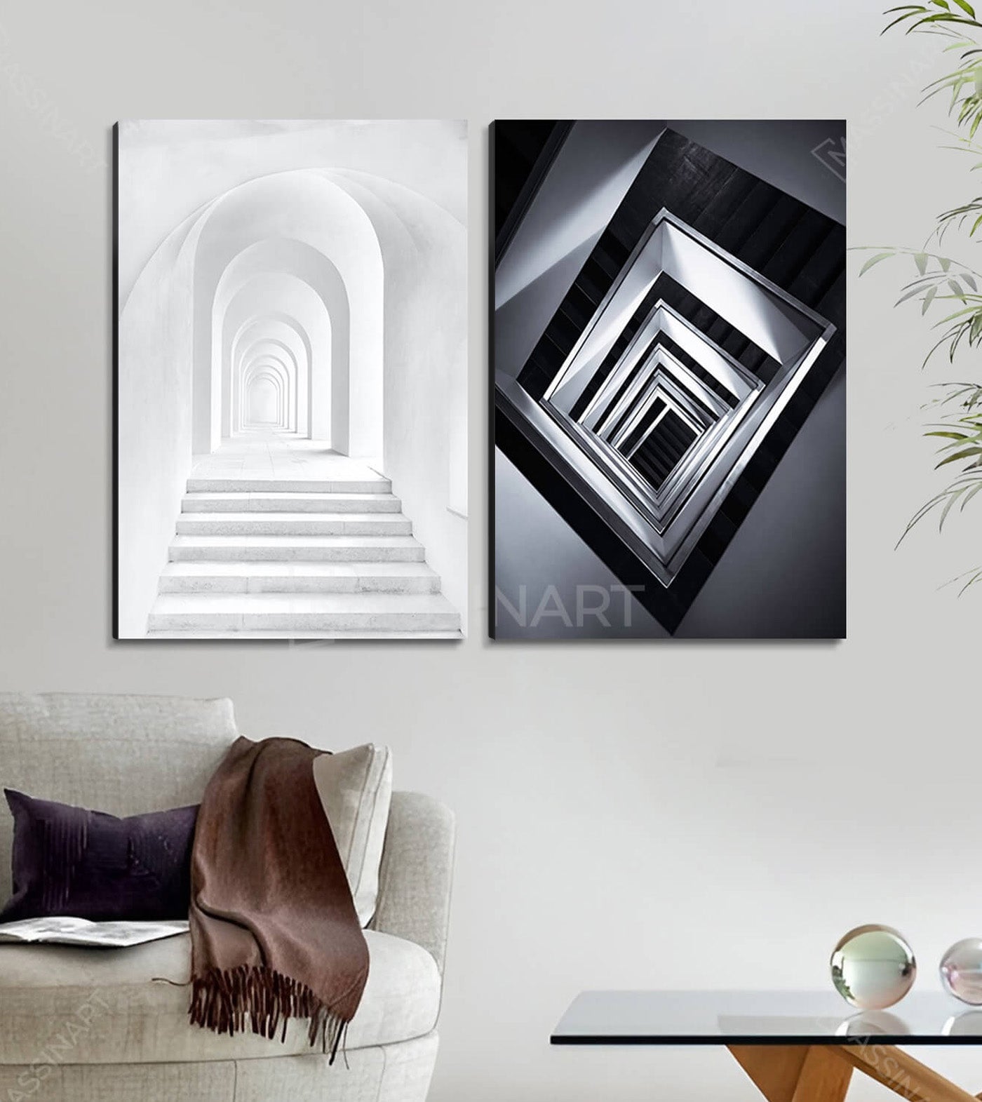 Cuadro Ascension díptico — escalera blanca en perspectiva infinita con encuadres geométricos negros, arte mural Massinart