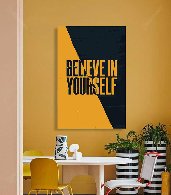 Cuadro Believe afirmación positiva — diseño geométrico negro y amarillo Massinart