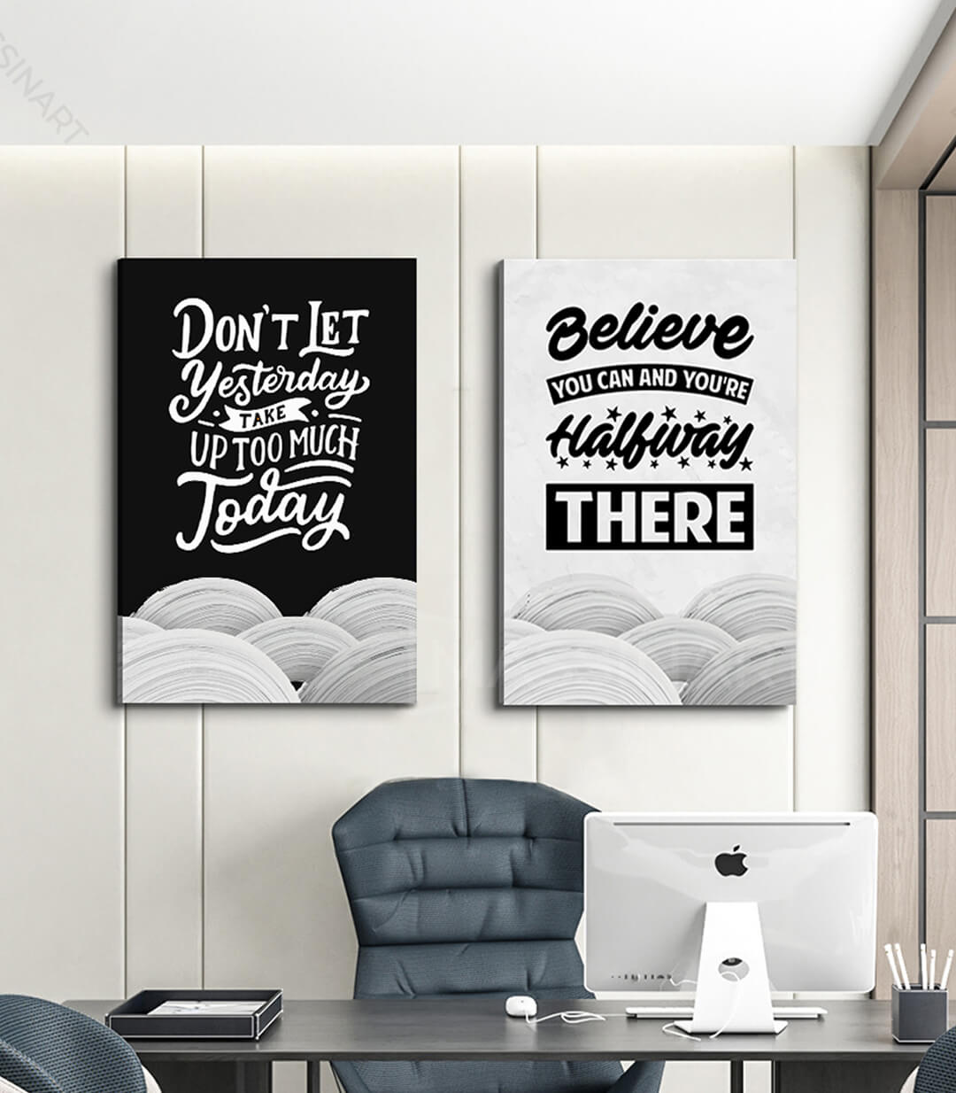 Cuadro con frase «Don't let yesterday take up too much today» fondo negro texto blanco con ondas decorativas — Massinart