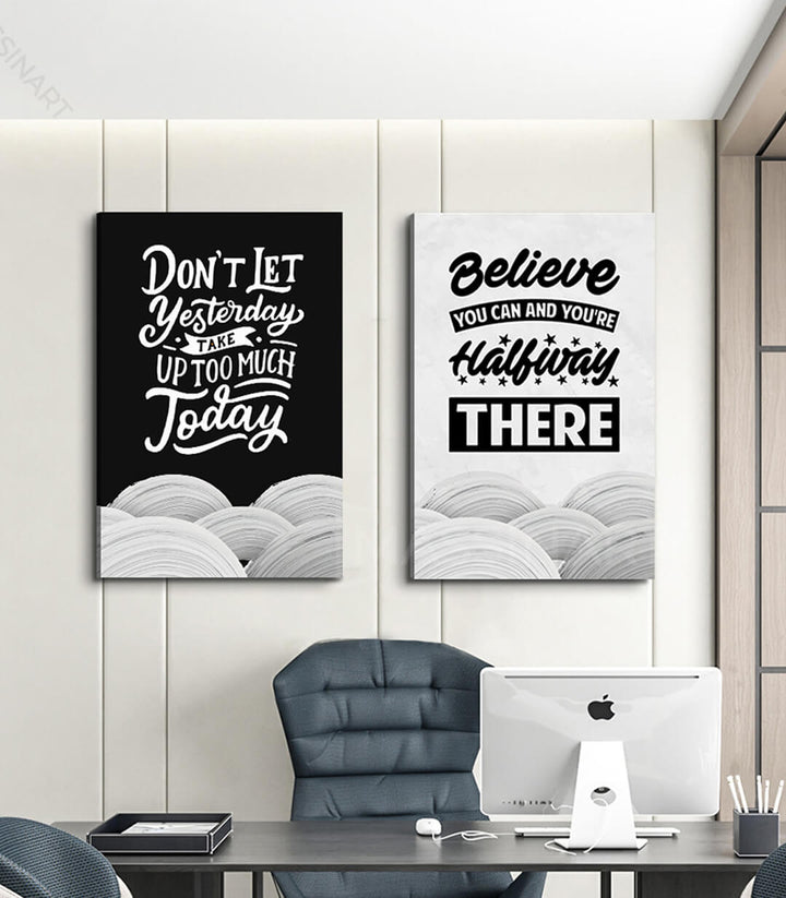 Cuadro con frase «Don't let yesterday take up too much today» fondo negro texto blanco con ondas decorativas — Massinart
