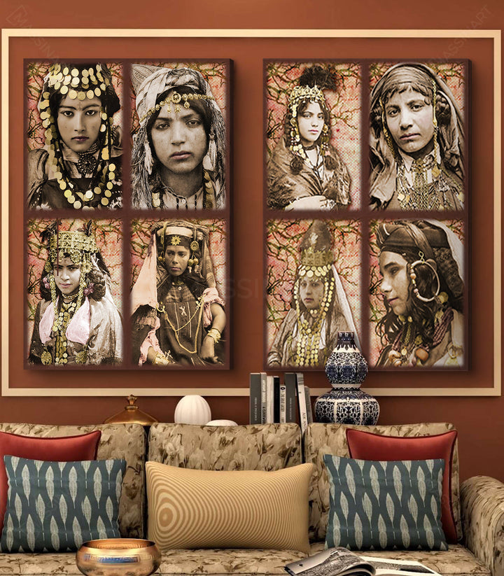 Cuadro Berber Tribe — retratos etnográficos de mujeres bereberes con trajes tradicionales y joyas amazigh, díptico decorativo Massinart