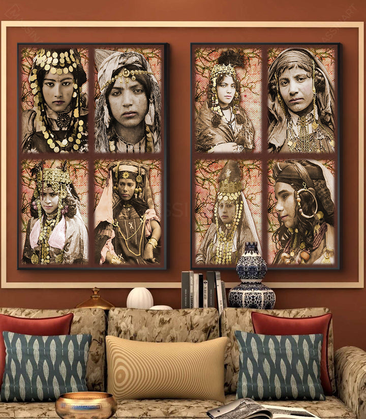 Díptico Berber Tribe en salón con decoración marroquí — cuadro mural figurativo sobre sofá, Massinart