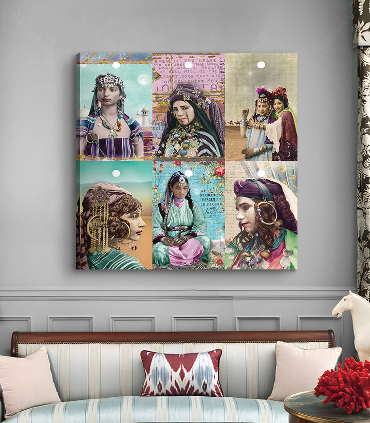 Cuadro Tamazgha de Massinart — collage cuadrado de seis mujeres bereberes con trajes tradicionales en azul, dorado y rosa