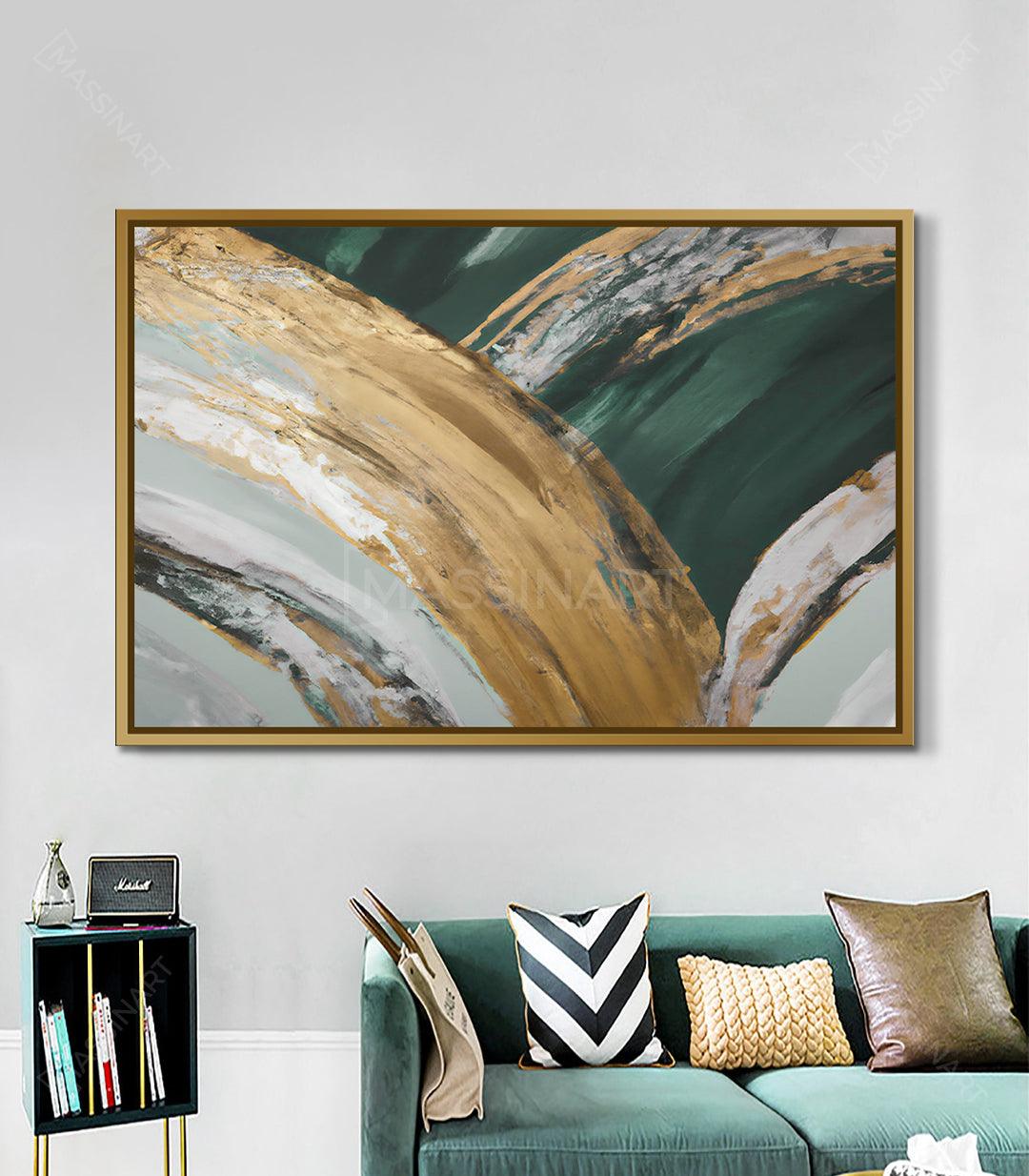 Cuadro abstracto Charisma horizontal — pinceladas en dorado y verde sobre fondo claro, Massinart
