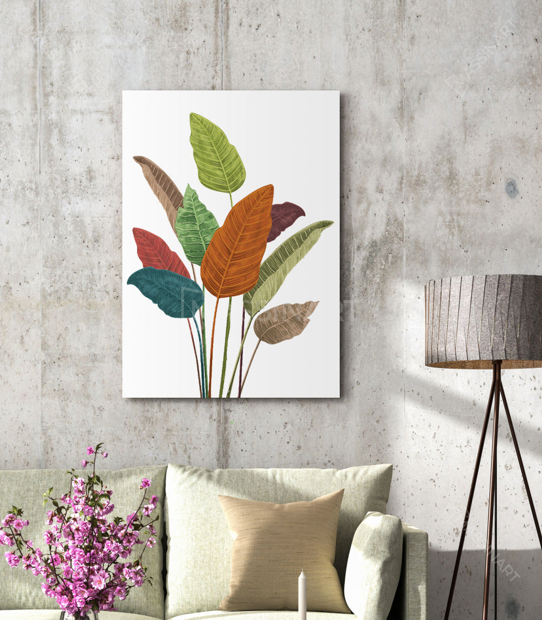 Cuadro decorativo con hojas tropicales en tonos naranja, verde y blanco, estilo minimalista — Massinart