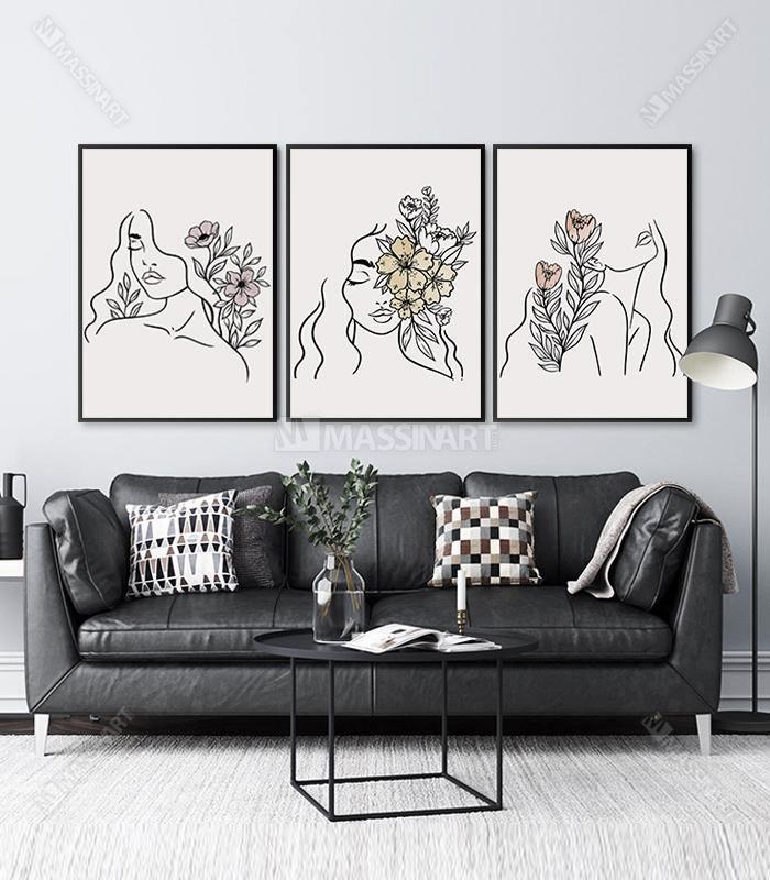 Cuadro retrato femenino con flores en line art beige decoración pared Massinart