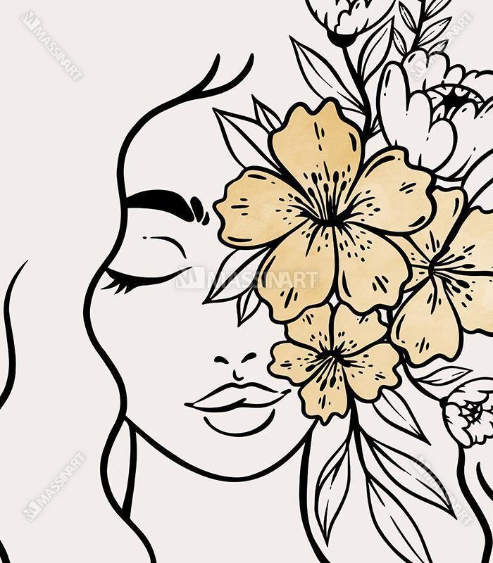 Cuadro rostro femenino expresivo con flor beige ambientado sobre sofá Massinart