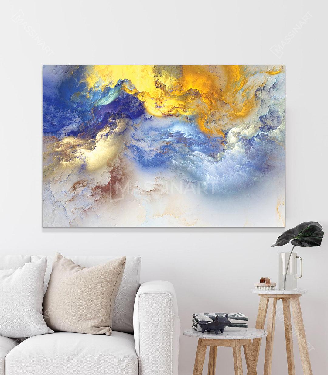 Cuadro abstracto nubes coloridas en azul, amarillo y dorado — Massinart