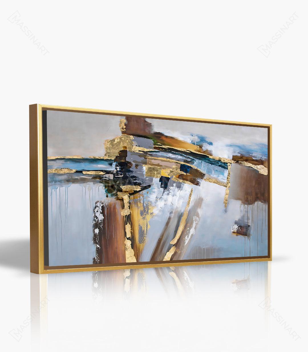 Decoración de salón contemporáneo con cuadro abstracto Connection en tonos dorados y azules — Massinart