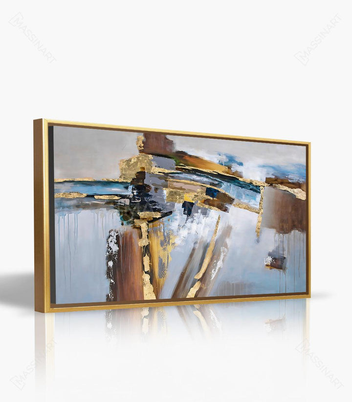 Decoración de salón contemporáneo con cuadro abstracto Connection en tonos dorados y azules — Massinart