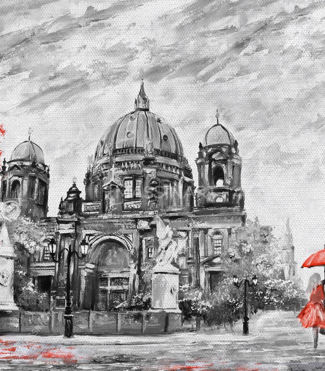 Cuadro pareja paraguas rojo Massinart — embalaje y envío listo para colgar