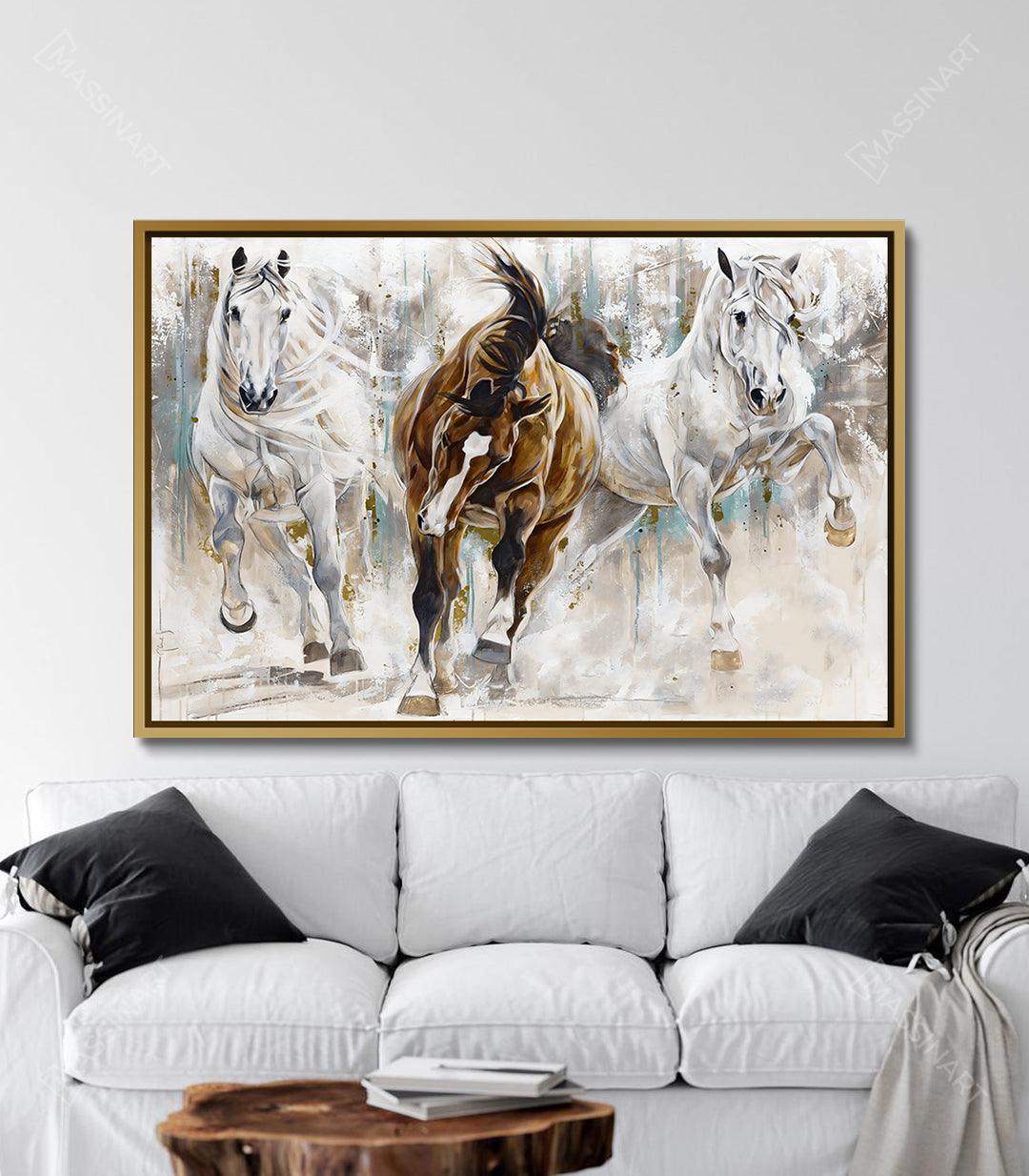 Cuadro Courage — caballo al galope, tonos beige y marrón sobre fondo gris, estilo expresionista — Massinart