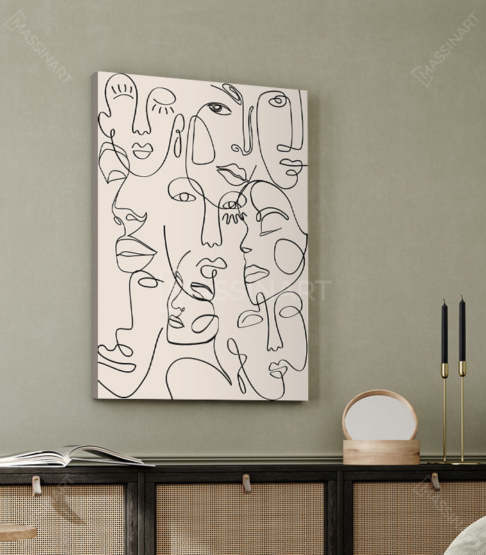 Cuadro Facial Expressions Massinart — rostros abstractos en trazo negro, estilo line art minimalista sobre fondo beige