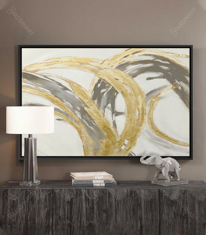 Cuadro Dreams abstracto con trazos dorados y gris sobre fondo blanco roto, estilo minimalista Massinart