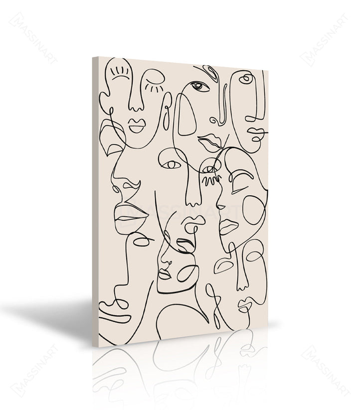 Cuadro Facial Expressions Massinart en salón moderno — lienzo minimalista de rostros sobre mueble negro de rejilla