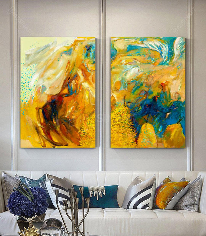 Cuadro abstracto paisaje en amarillo y azul estilo expresionista, decoración salón moderno