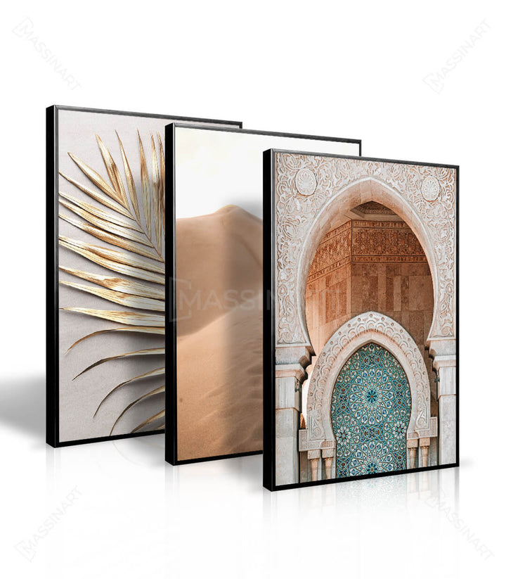 Decoración salón marroquí con tríptico Moroccan Soul y cojines dorados — Massinart